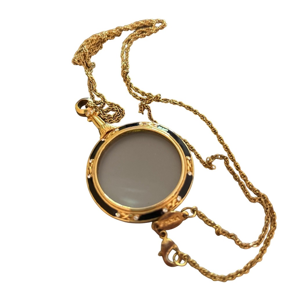 MMA Vintage Magnifying Glass Necklace Gold Tone Black Enamel Rhinestone